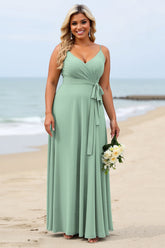 Salbeigrünes Plus Size Chiffon Spaghettiträger Langes Brautjungfernkleid